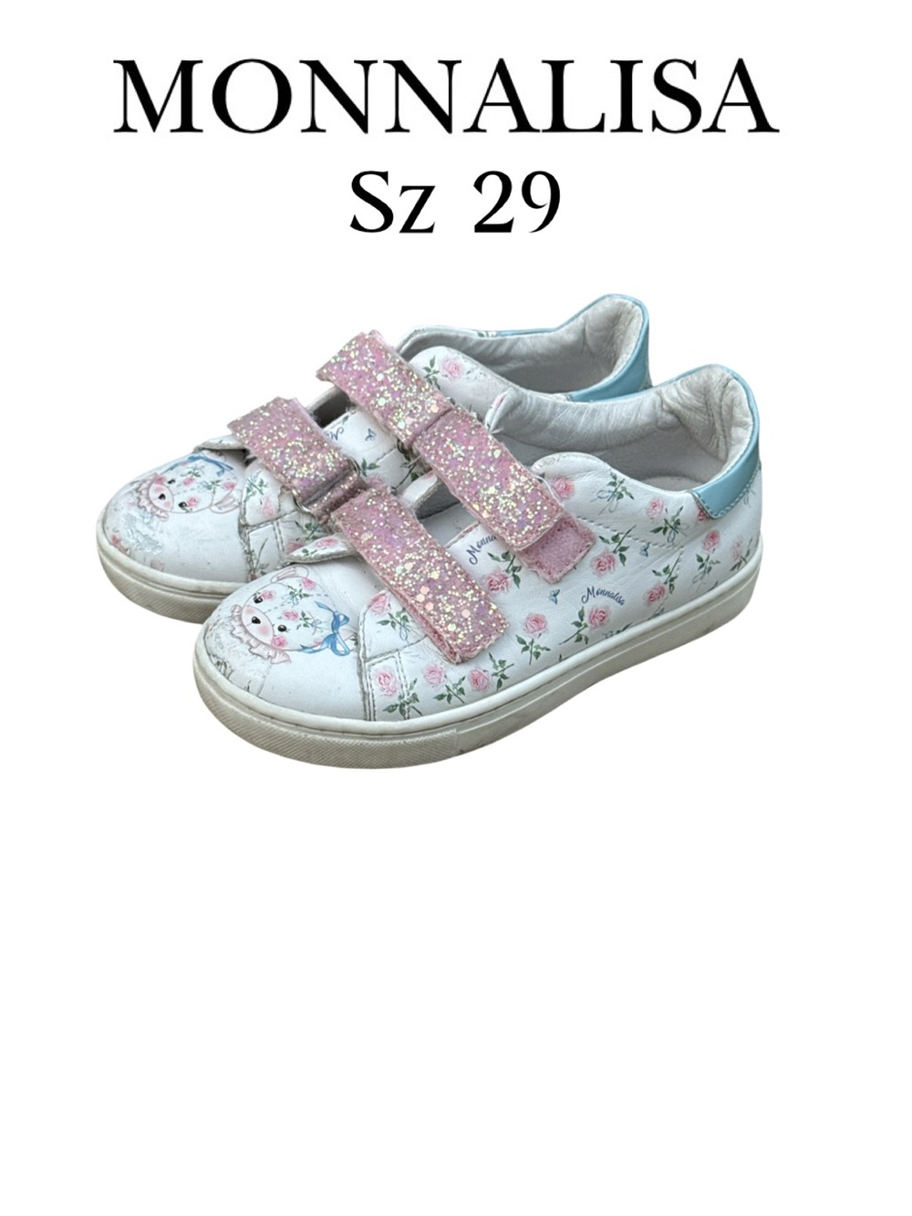 MONNALISA Girls Floral / bear Leather Sneakers with Pink Glitter Straps (EU 29)
